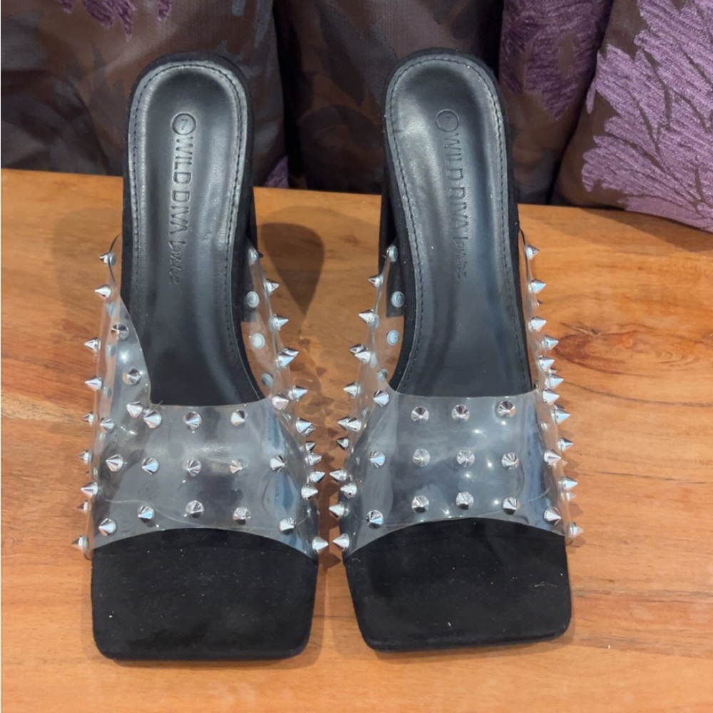 Wild Diva Black and Clear Studded Mules
